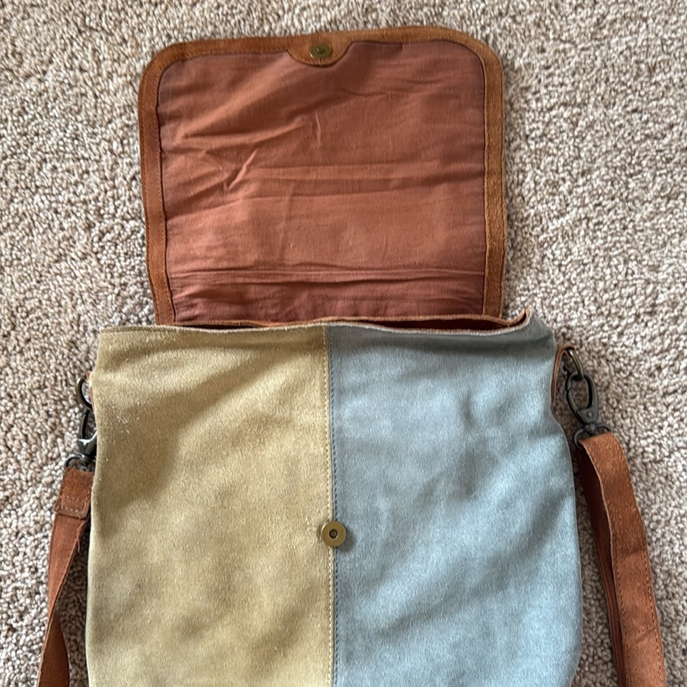 Free People Suede Patchwork Crossbody Backpack in Rust, Mustard & Sage - Picture 5 of 11